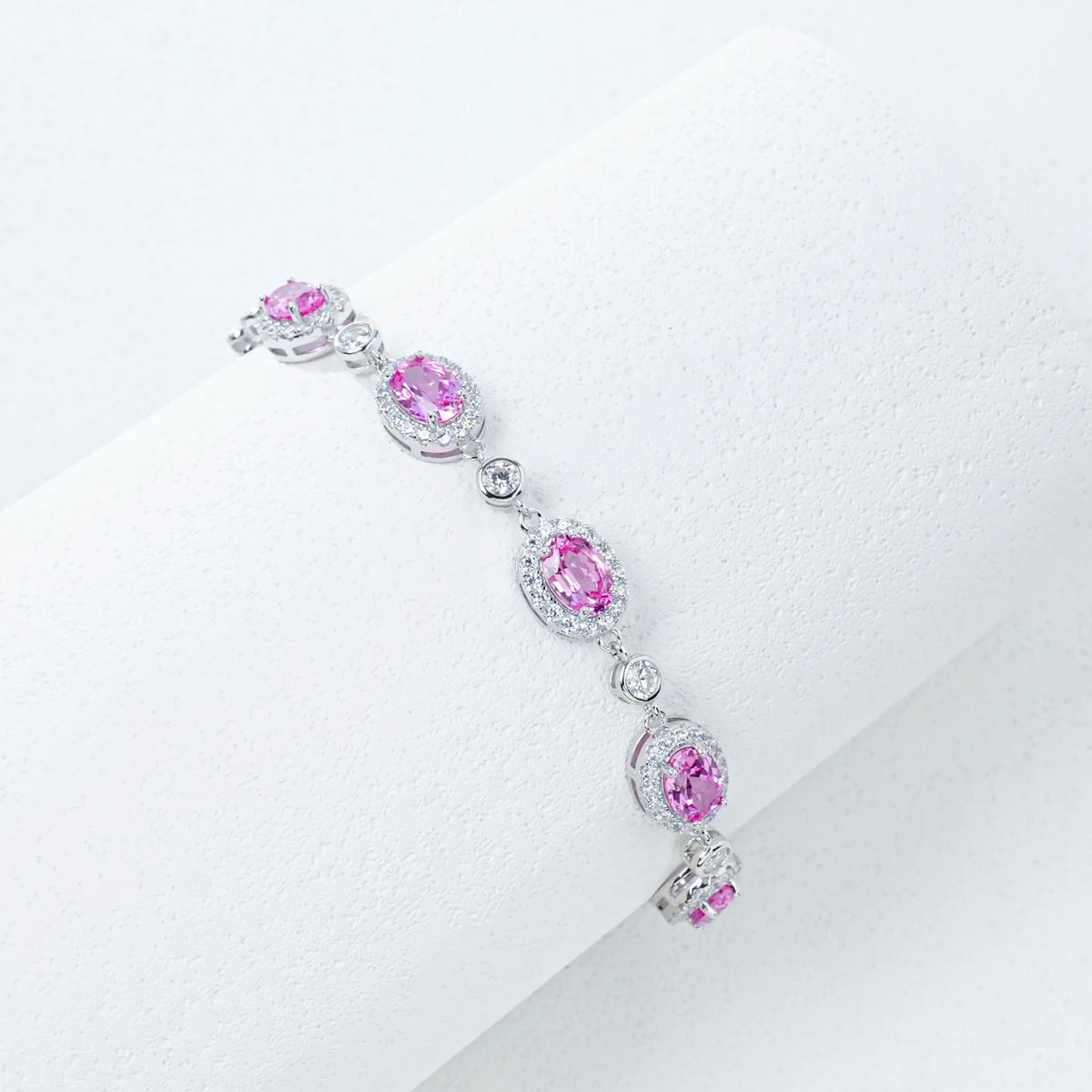 Padparadscha sapphire oval halo bracelet in 925 silver