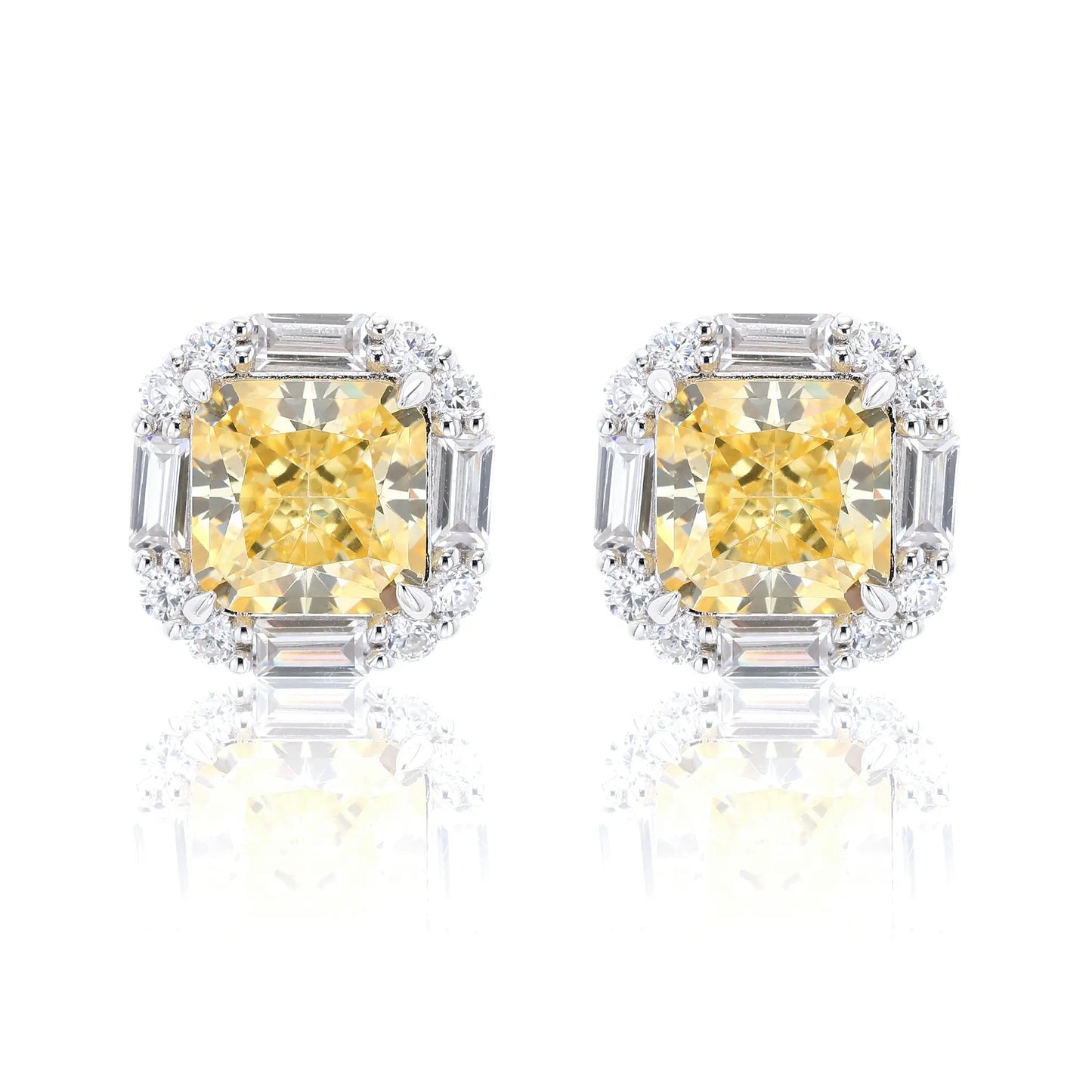 Canary Yellow Moissanite Crushed Ice Cut Stud Earrings with Baguette Halo