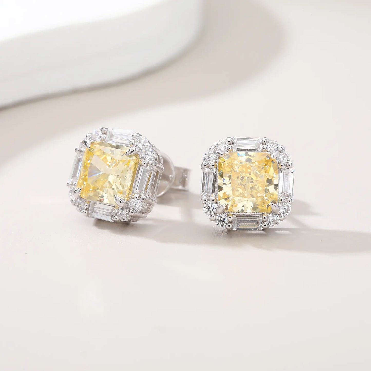 Canary Yellow Moissanite Crushed Ice Cut Stud Earrings with Baguette Halo