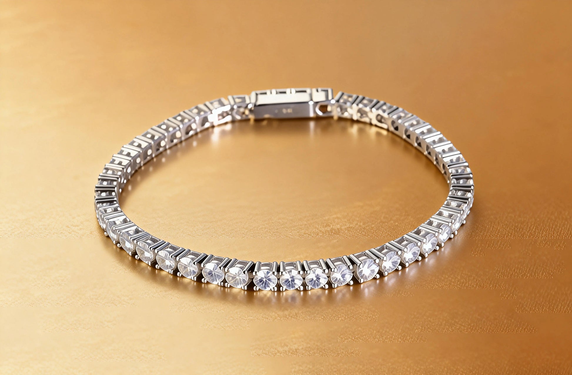 S925 sterling silver tennis bracelet featuring a continuous line of 2.0mm round brilliant white moissanite gemstones with a secure box clasp.