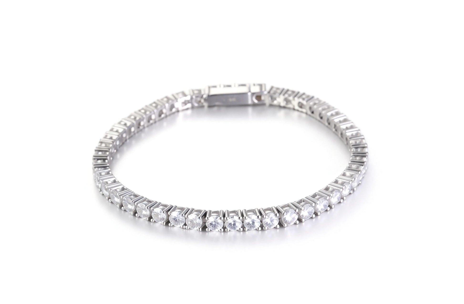 S925 sterling silver tennis bracelet featuring a continuous line of 2.0mm round brilliant white moissanite gemstones with a secure box clasp.