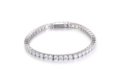 S925 sterling silver tennis bracelet featuring a continuous line of 2.0mm round brilliant white moissanite gemstones with a secure box clasp.