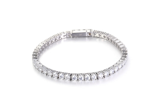 S925 sterling silver tennis bracelet featuring a continuous line of 2.0mm round brilliant white moissanite gemstones with a secure box clasp.