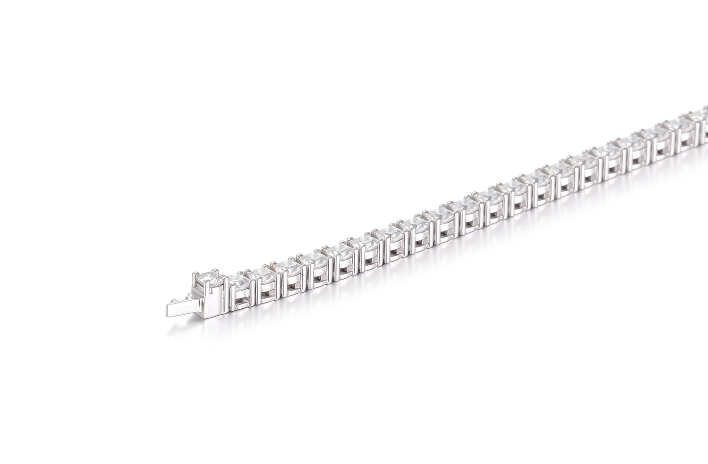 S925 sterling silver tennis bracelet featuring a continuous line of 2.0mm round brilliant white moissanite gemstones with a secure box clasp.