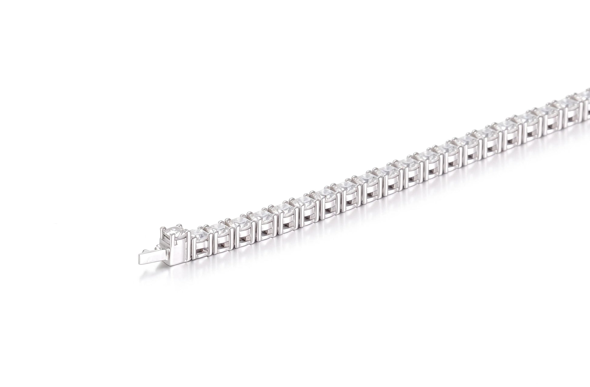 S925 sterling silver tennis bracelet featuring a continuous line of 2.0mm round brilliant white moissanite gemstones with a secure box clasp.