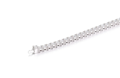 S925 sterling silver tennis bracelet featuring a continuous line of 2.0mm round brilliant white moissanite gemstones with a secure box clasp.