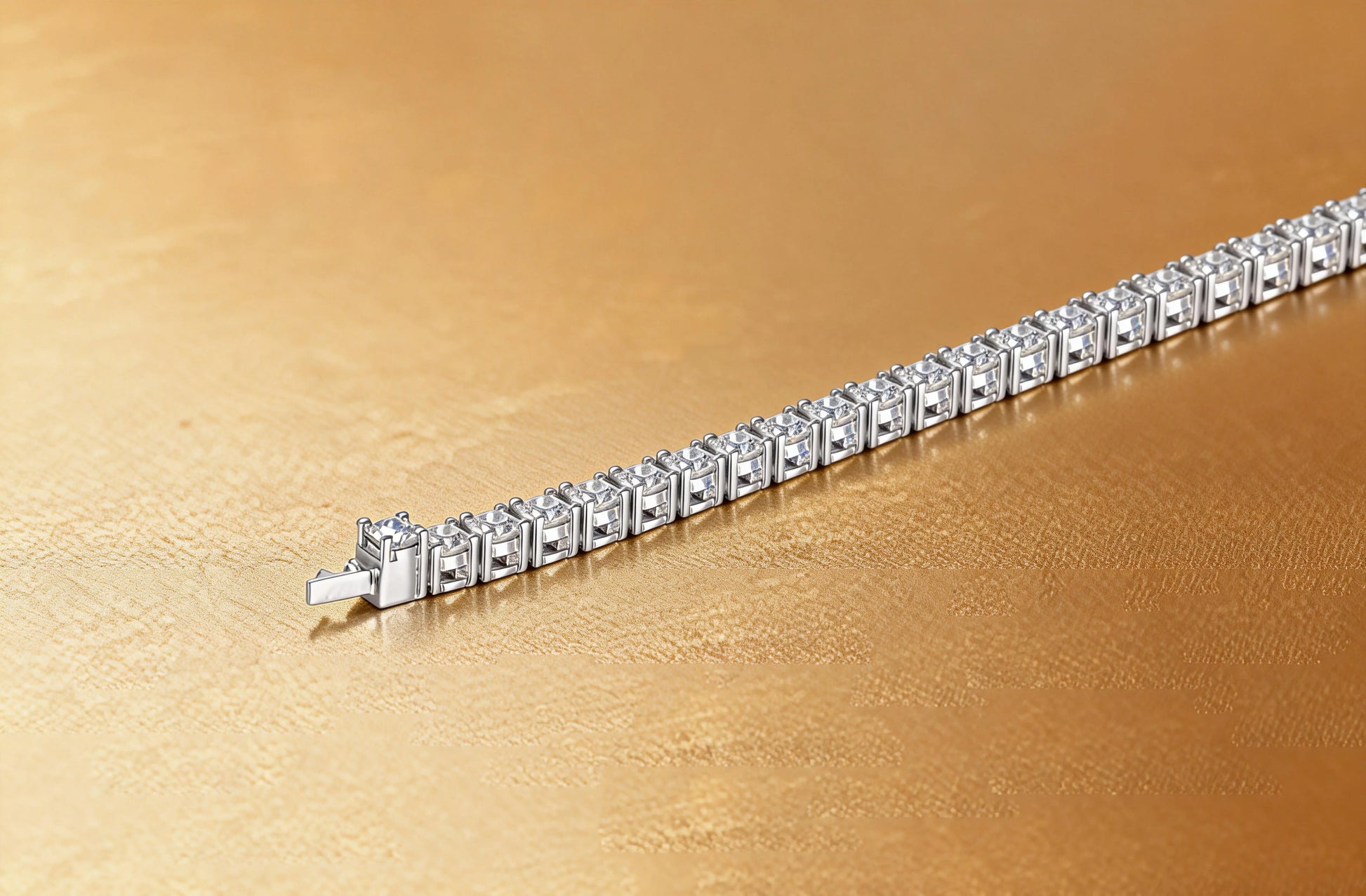 S925 sterling silver tennis bracelet featuring a continuous line of 2.0mm round brilliant white moissanite gemstones with a secure box clasp.