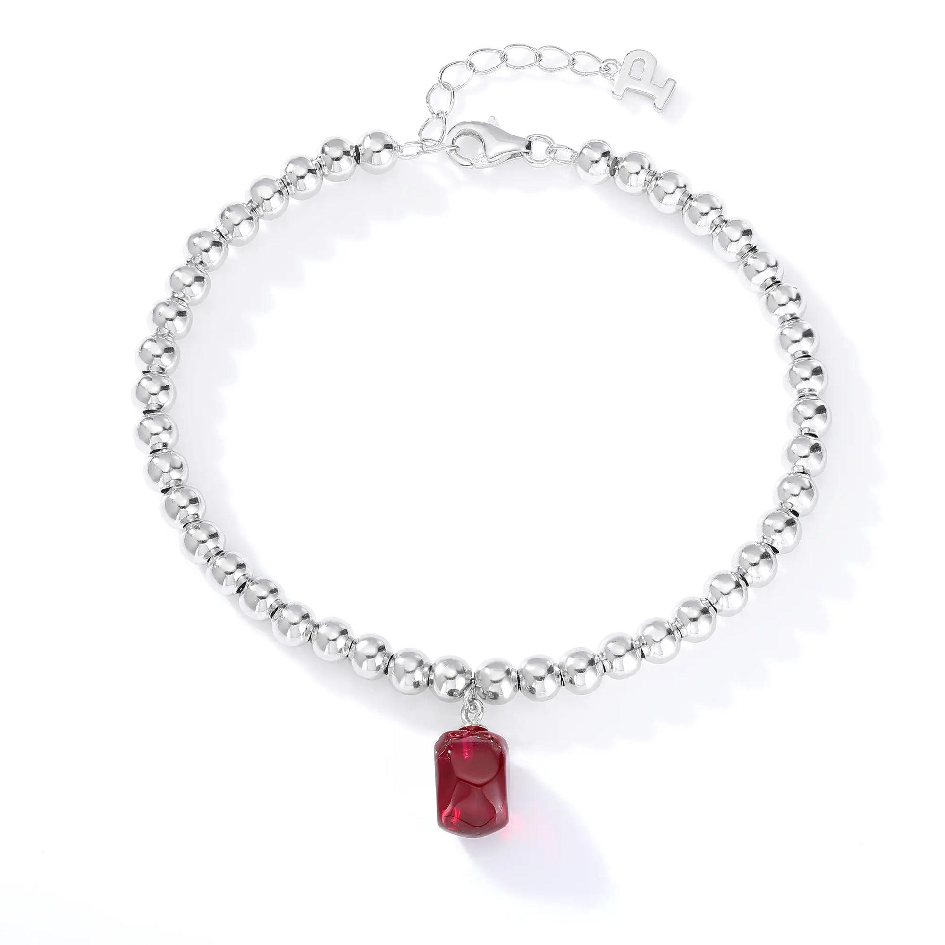 S925 sterling silver beaded bracelet featuring polished round silver beads and a vivid red ruby barrel-cut pendant charm.