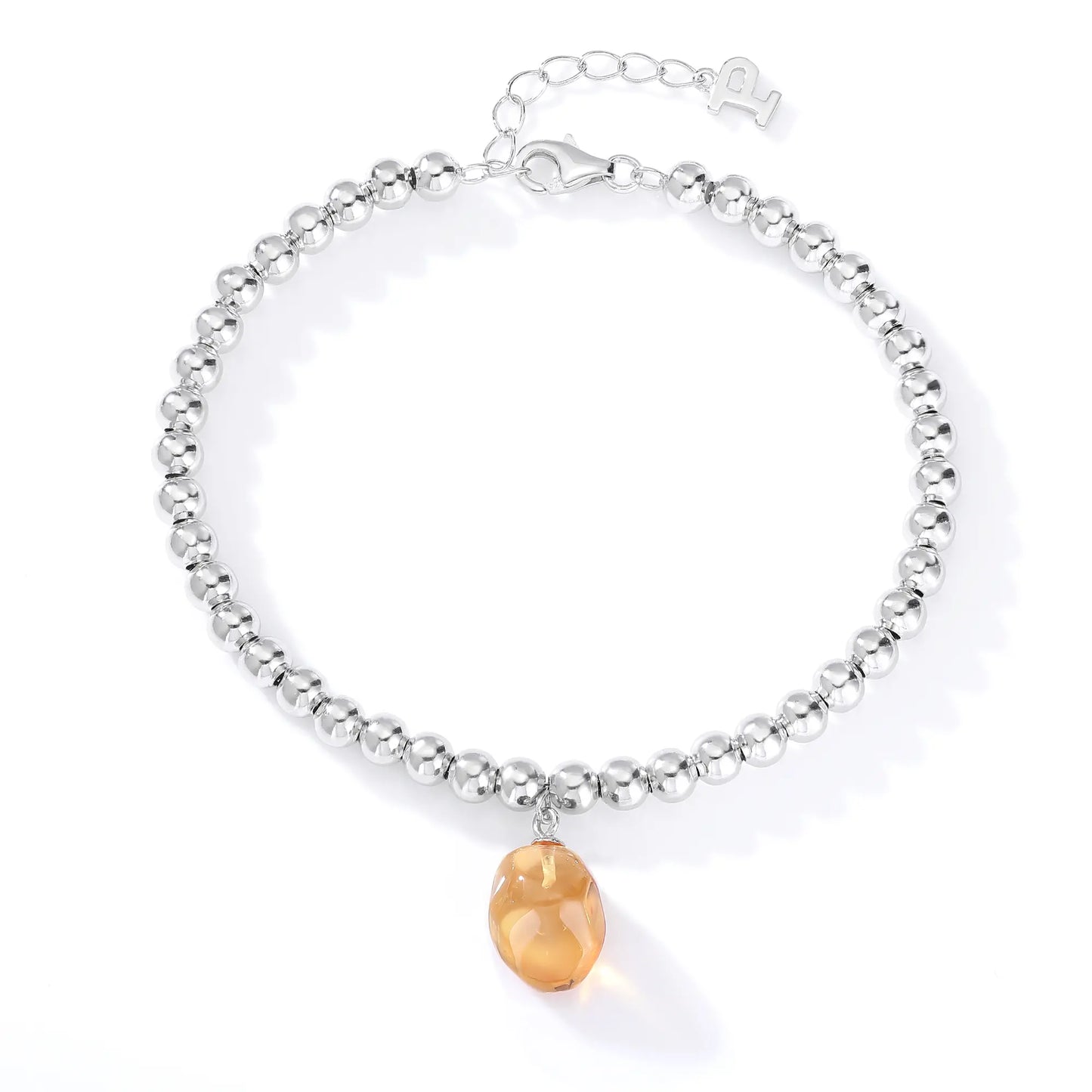 S925 sterling silver beaded bracelet featuring polished round silver beads and a warm champagne sapphire freeform pendant charm.