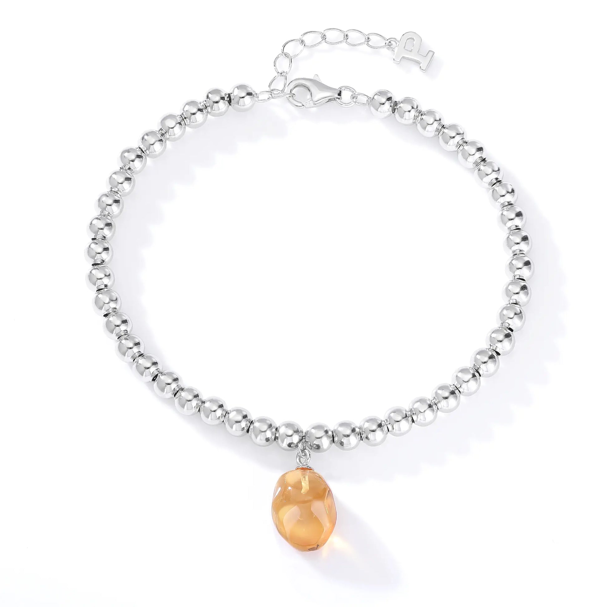 S925 sterling silver beaded bracelet featuring polished round silver beads and a warm champagne sapphire freeform pendant charm.