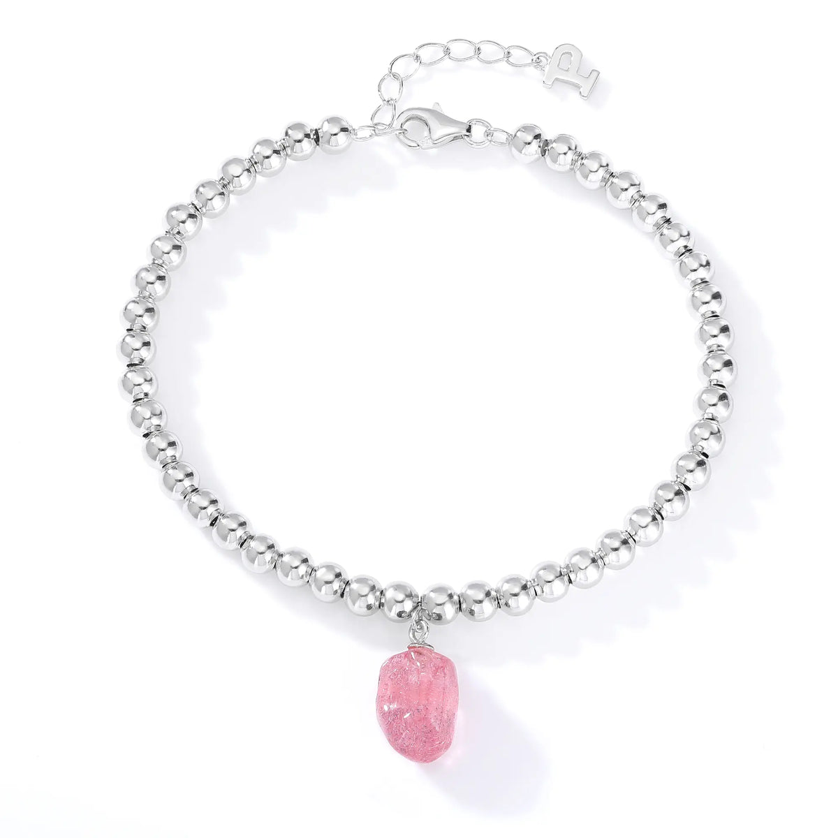 Polished sterling silver spherical bead bracelet featuring a translucent blush-pink freeform gemstone charm with delicate organic textures.