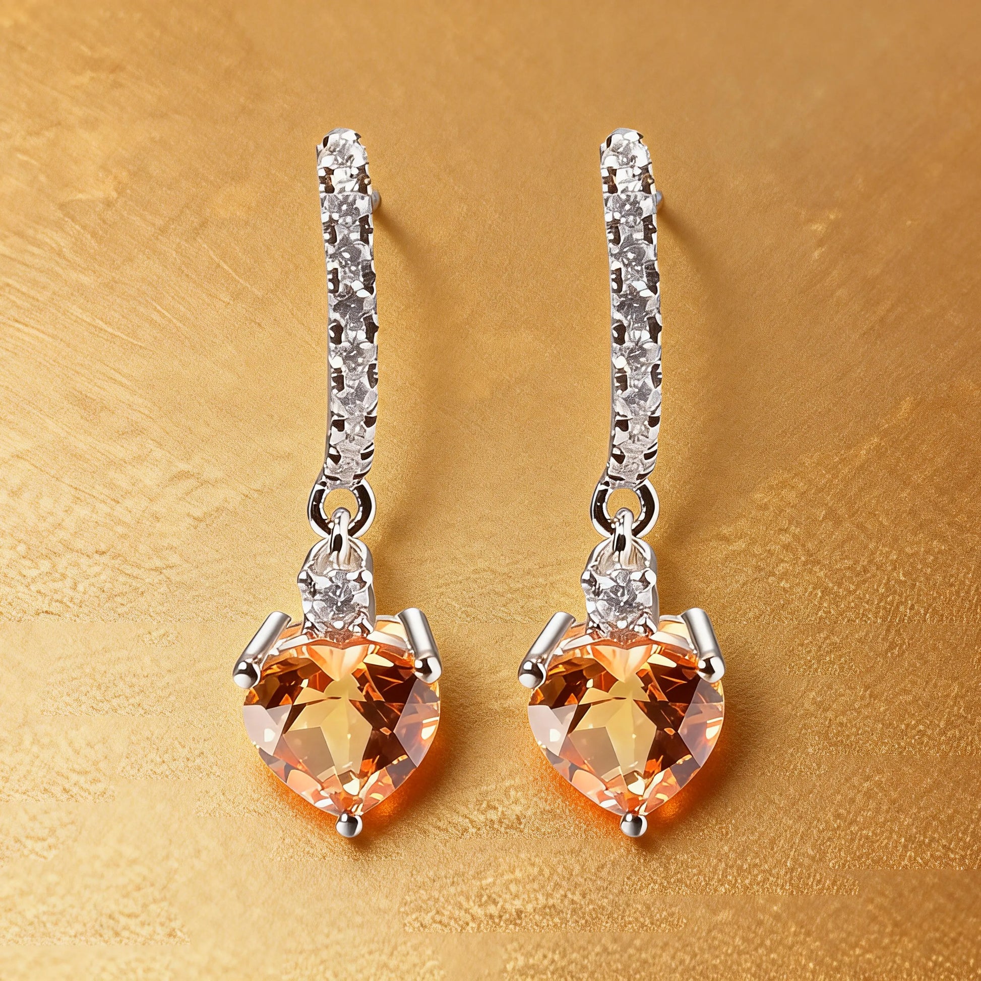 Elegantly crafted heart-shaped yellow sapphire dangle earrings in 925 sterling silver, sparkling brighter than classic moissanite earrings with micro-paved crystal hoops.