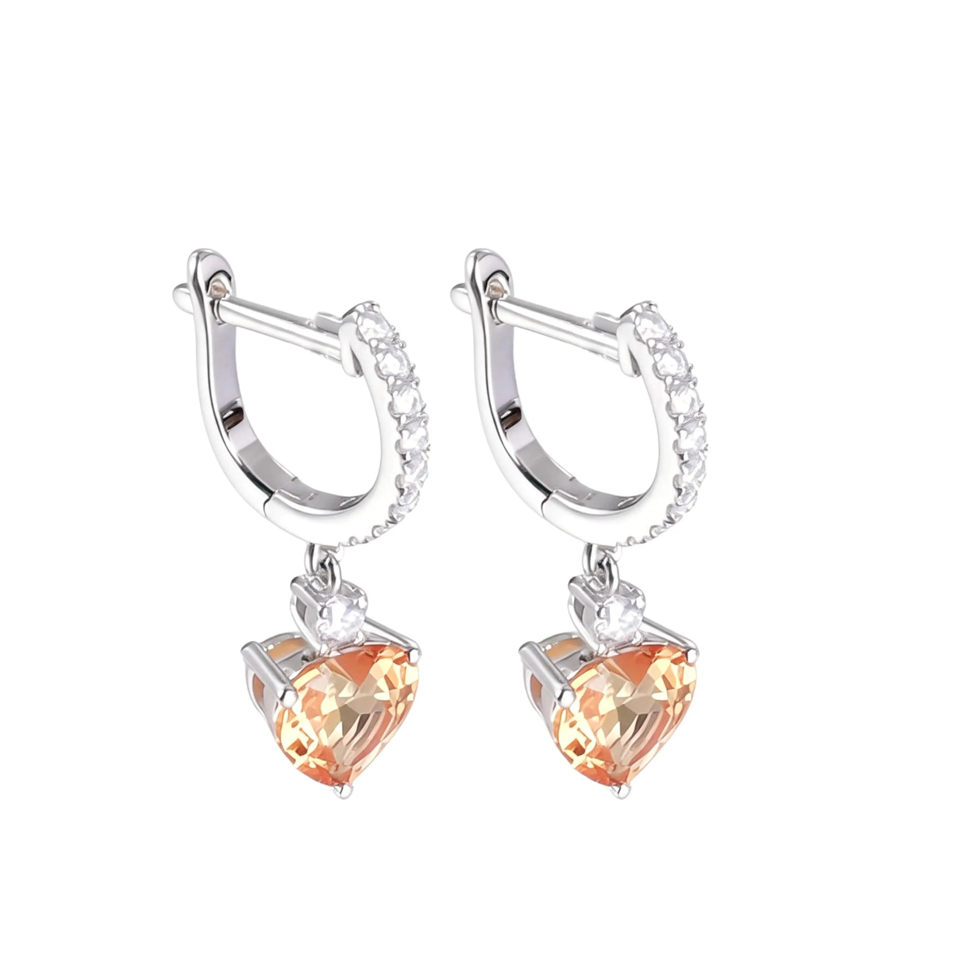 Elegantly crafted heart-shaped yellow sapphire dangle earrings in 925 sterling silver, sparkling brighter than classic moissanite earrings with micro-paved crystal hoops.