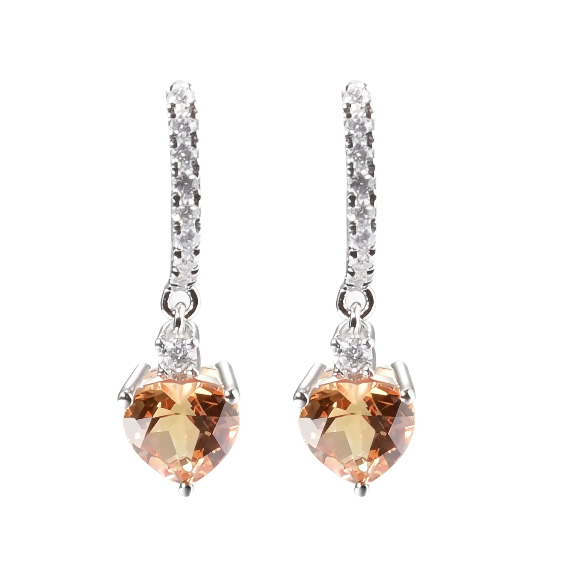 Elegantly crafted heart-shaped yellow sapphire dangle earrings in 925 sterling silver, sparkling brighter than classic moissanite earrings with micro-paved crystal hoops.