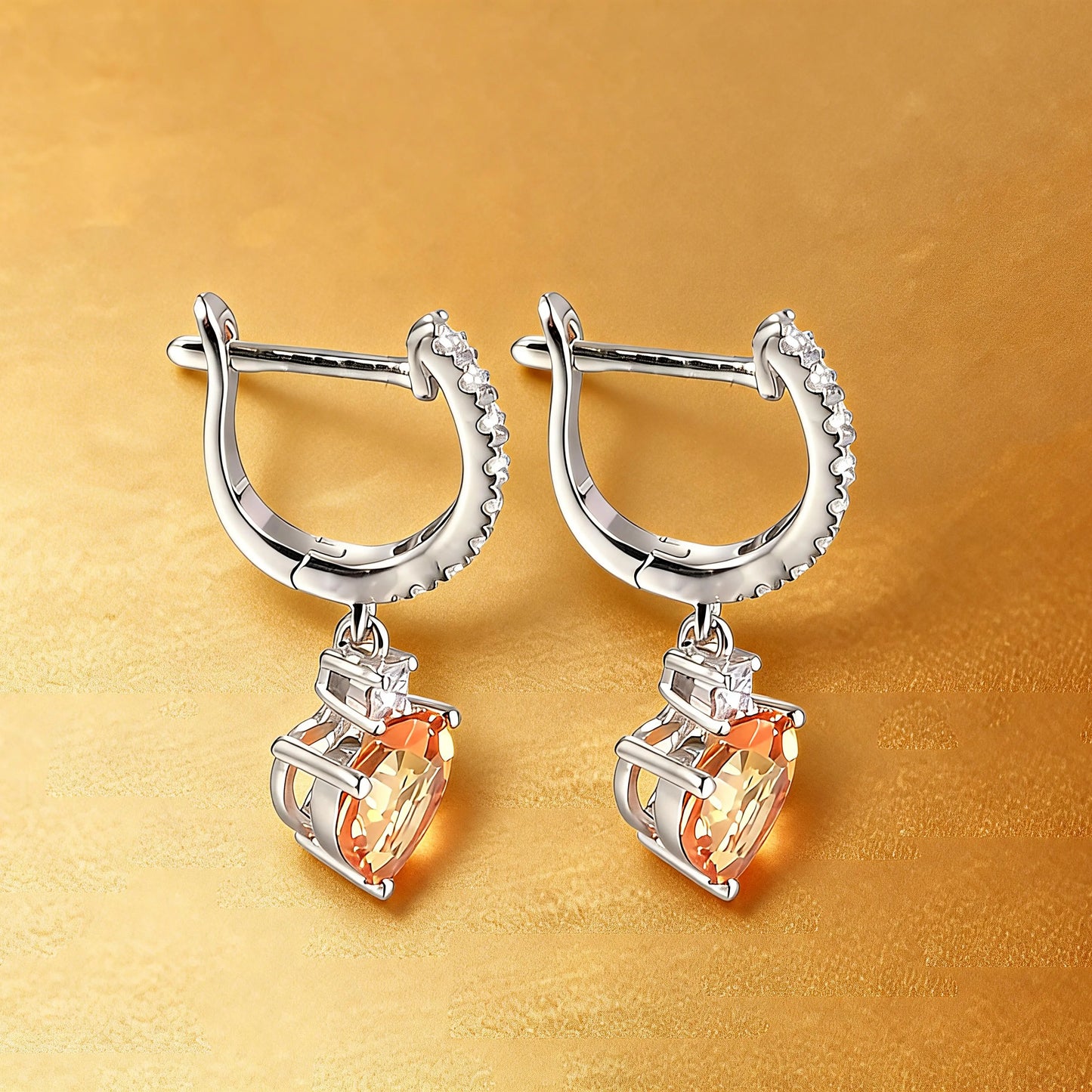 Elegantly crafted heart-shaped yellow sapphire dangle earrings in 925 sterling silver, sparkling brighter than classic moissanite earrings with micro-paved crystal hoops.