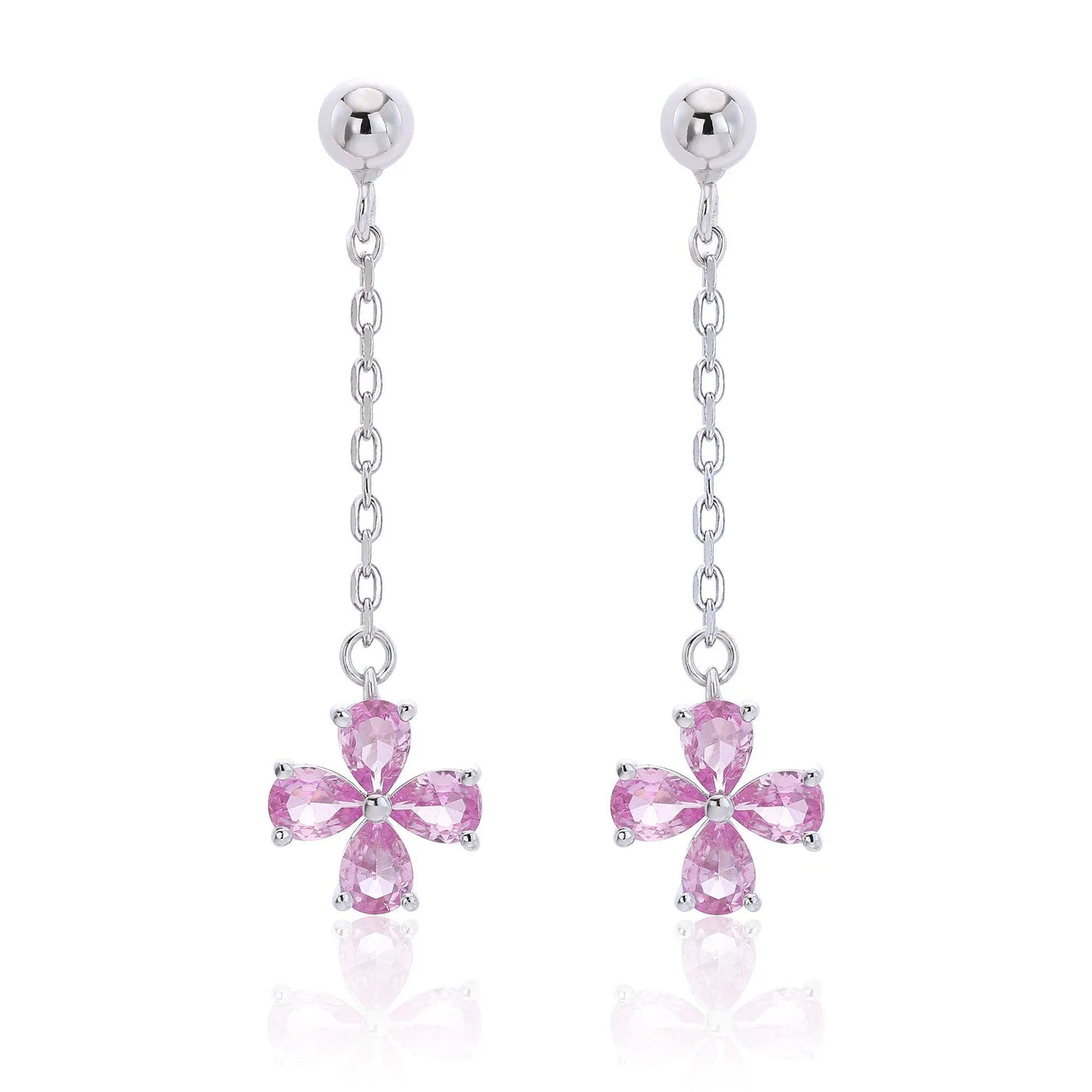A pair of sterling silver drop stud earrings featuring a shimmering four-leaf clover charm made of four pear-cut pink sapphire gemstones, suspended from a delicate silver chain.