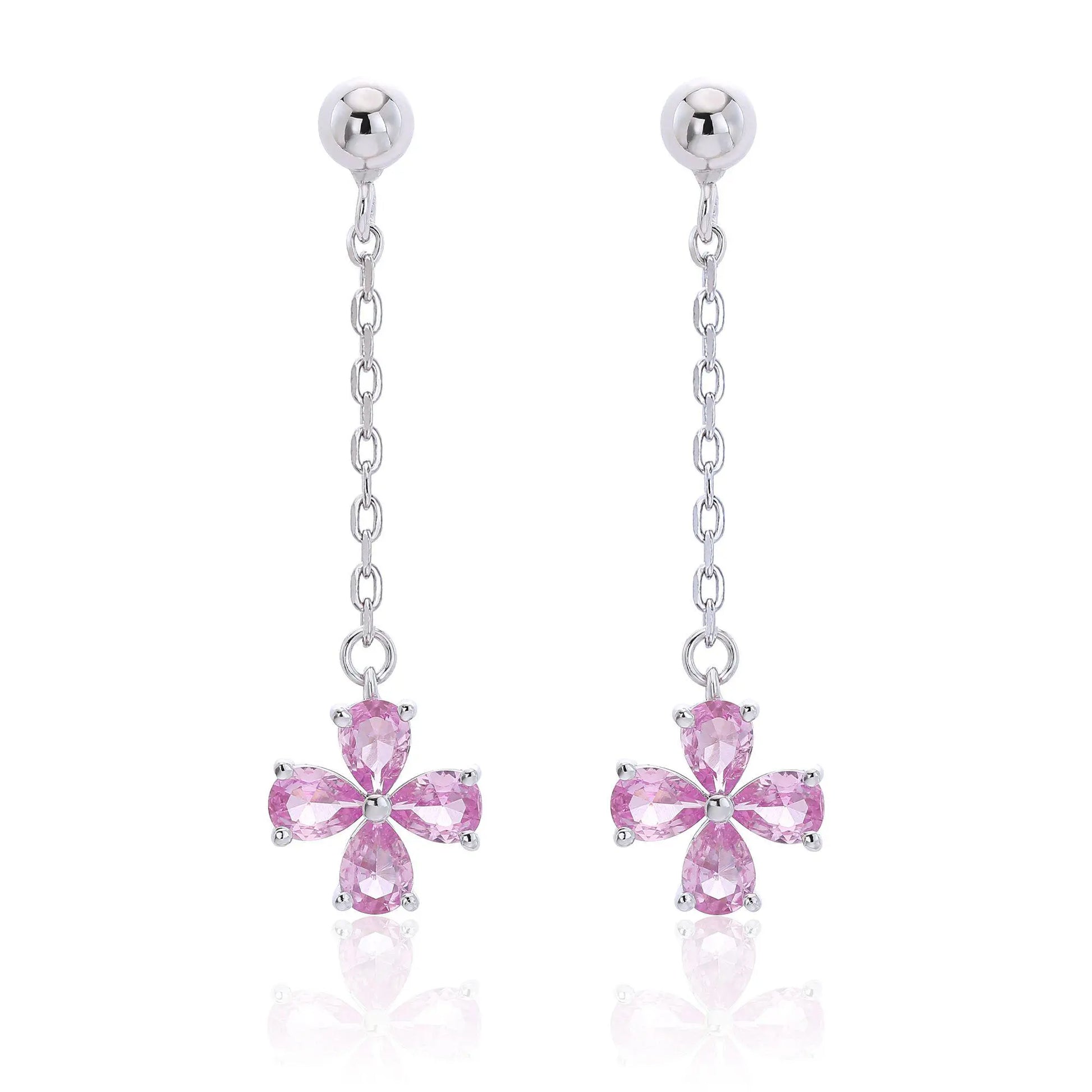 A pair of sterling silver drop stud earrings featuring a shimmering four-leaf clover charm made of four pear-cut pink sapphire gemstones, suspended from a delicate silver chain.