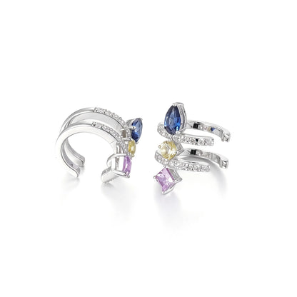 S925 sterling silver double row huggie hoop earrings featuring three geometric gemstones—a blue pear-cut, yellow round-cut, and purple princess-cut stone—with sparkling micro-pavé accents, creating a multi-piercing illusion.
