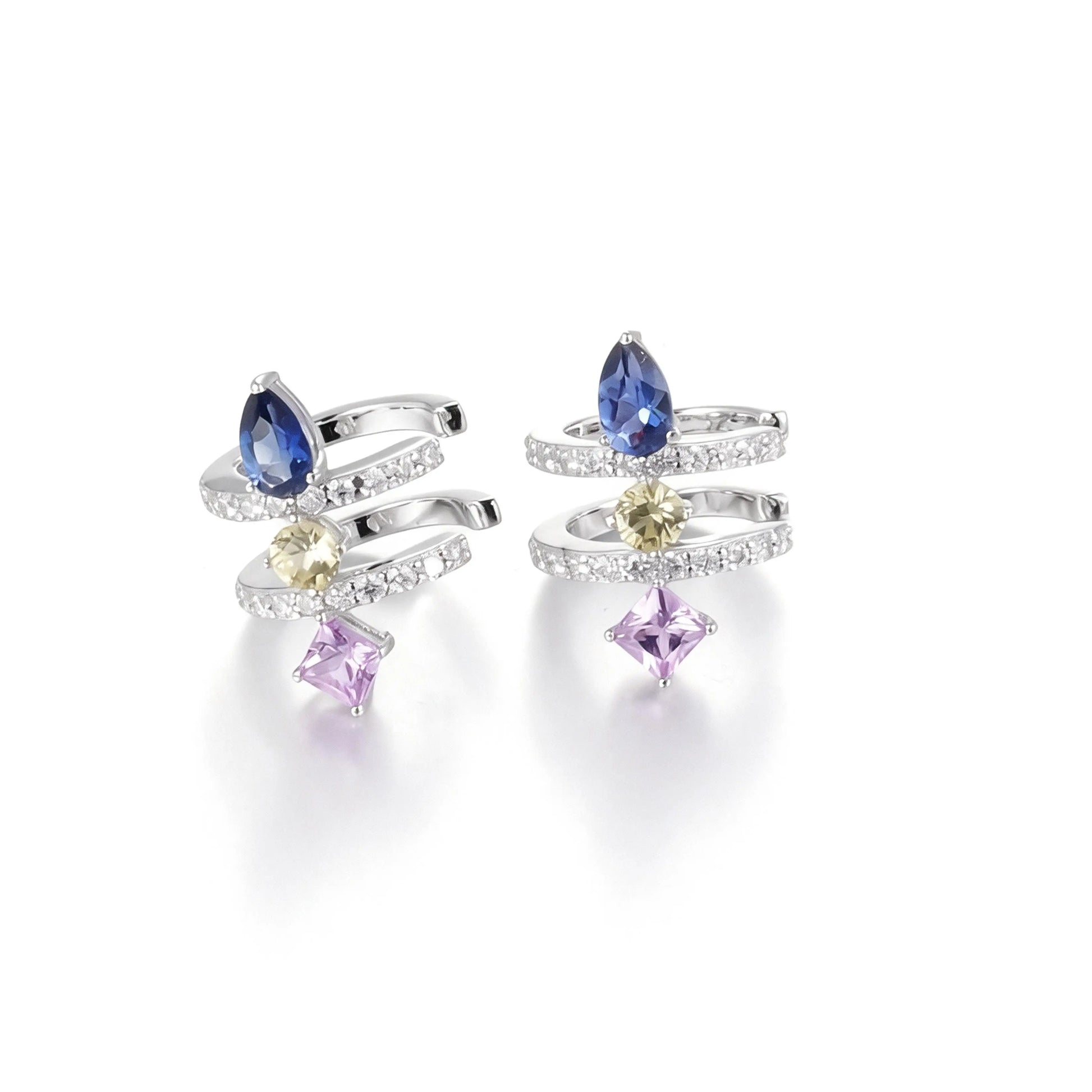 S925 sterling silver double row huggie hoop earrings featuring three geometric gemstones—a blue pear-cut, yellow round-cut, and purple princess-cut stone—with sparkling micro-pavé accents, creating a multi-piercing illusion.