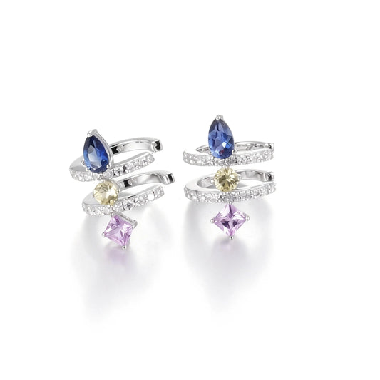 S925 sterling silver double row huggie hoop earrings featuring three geometric gemstones—a blue pear-cut, yellow round-cut, and purple princess-cut stone—with sparkling micro-pavé accents, creating a multi-piercing illusion.