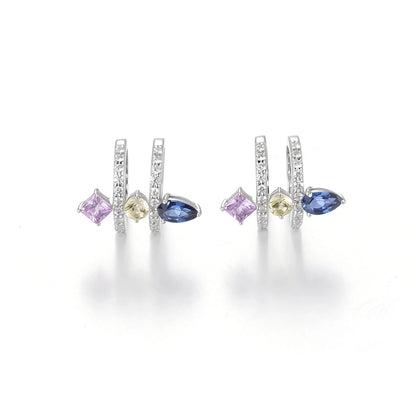 S925 sterling silver double row huggie hoop earrings featuring three geometric gemstones—a blue pear-cut, yellow round-cut, and purple princess-cut stone—with sparkling micro-pavé accents, creating a multi-piercing illusion.