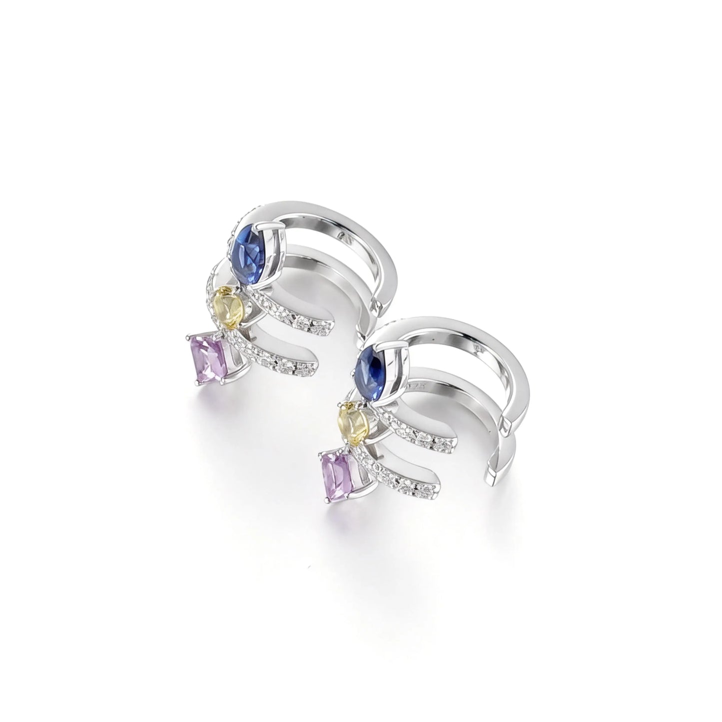 S925 sterling silver double row huggie hoop earrings featuring three geometric gemstones—a blue pear-cut, yellow round-cut, and purple princess-cut stone—with sparkling micro-pavé accents, creating a multi-piercing illusion.