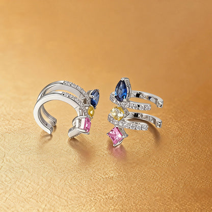 S925 sterling silver double row huggie hoop earrings featuring three geometric gemstones—a blue pear-cut, yellow round-cut, and purple princess-cut stone—with sparkling micro-pavé accents, creating a multi-piercing illusion.