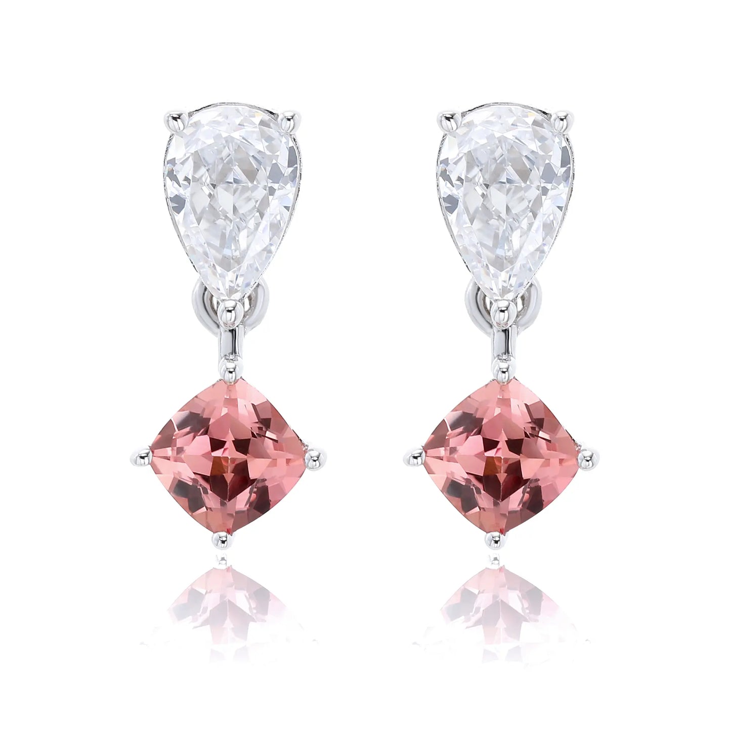 S925 sterling silver drop earrings featuring a sparkling white pear-cut moissanite at the post, dangling a square cushion-cut pink sapphire suspended by a minimalist geometric silver loop.