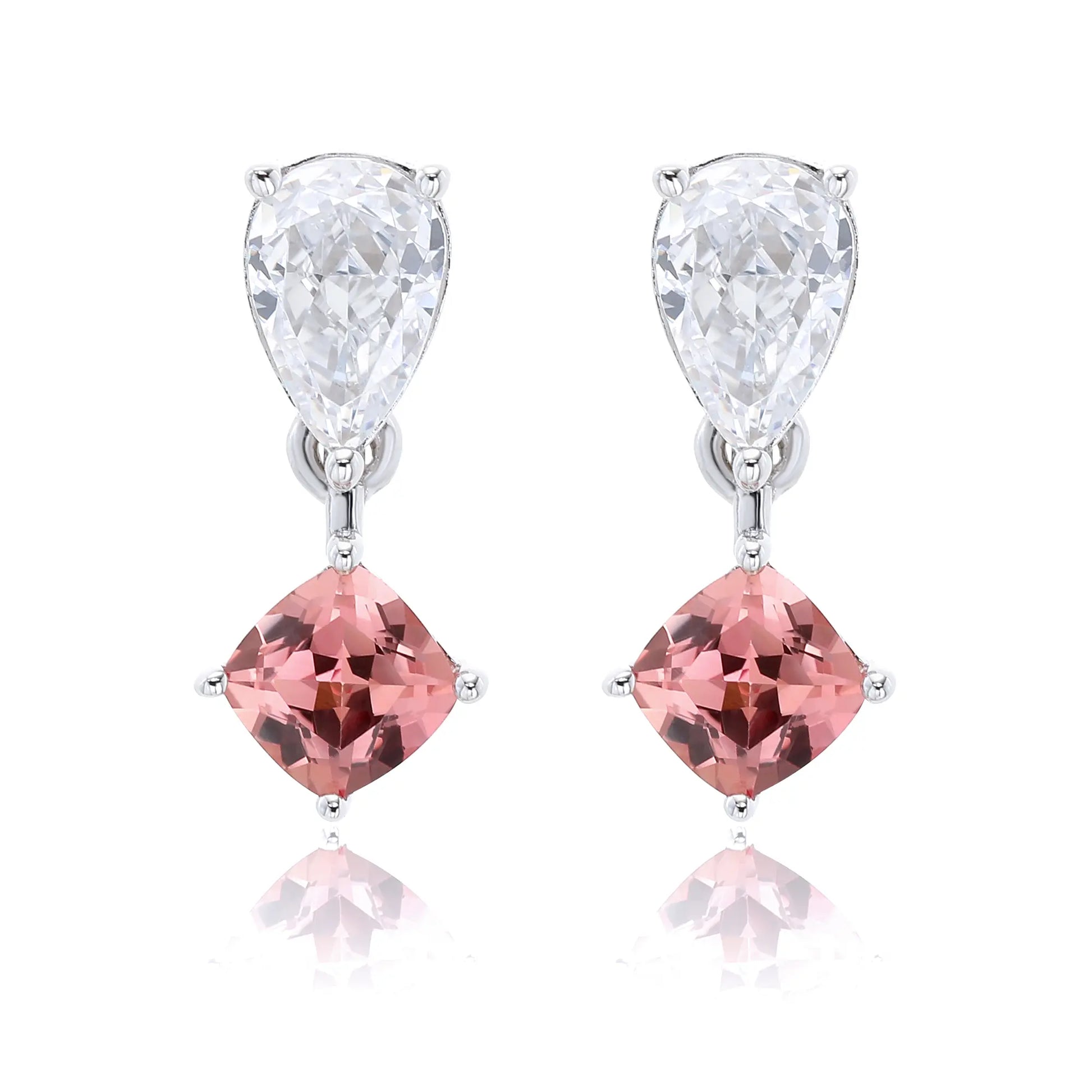 S925 sterling silver drop earrings featuring a sparkling white pear-cut moissanite at the post, dangling a square cushion-cut pink sapphire suspended by a minimalist geometric silver loop.