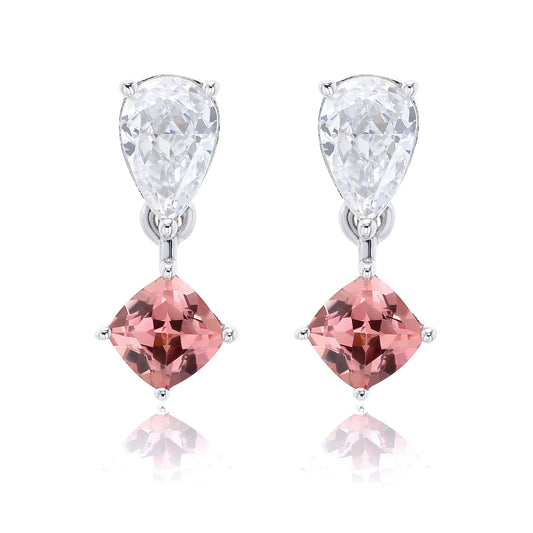 S925 sterling silver drop earrings featuring a sparkling white pear-cut moissanite at the post, dangling a square cushion-cut pink sapphire suspended by a minimalist geometric silver loop.