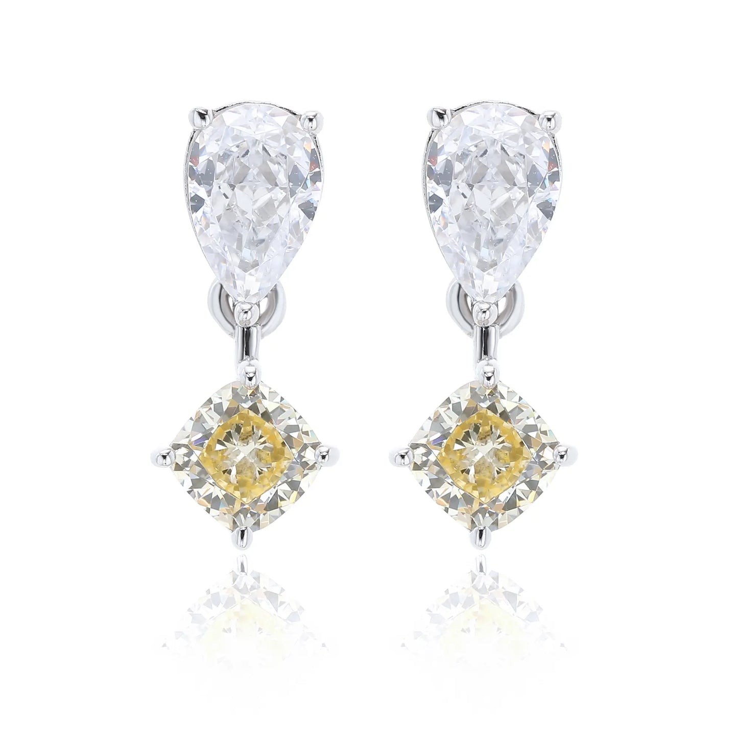 S925 sterling silver drop earrings featuring a sparkling white pear-cut moissanite at the post, dangling a square cushion-cut yellow sapphire suspended by a minimalist geometric silver loop.