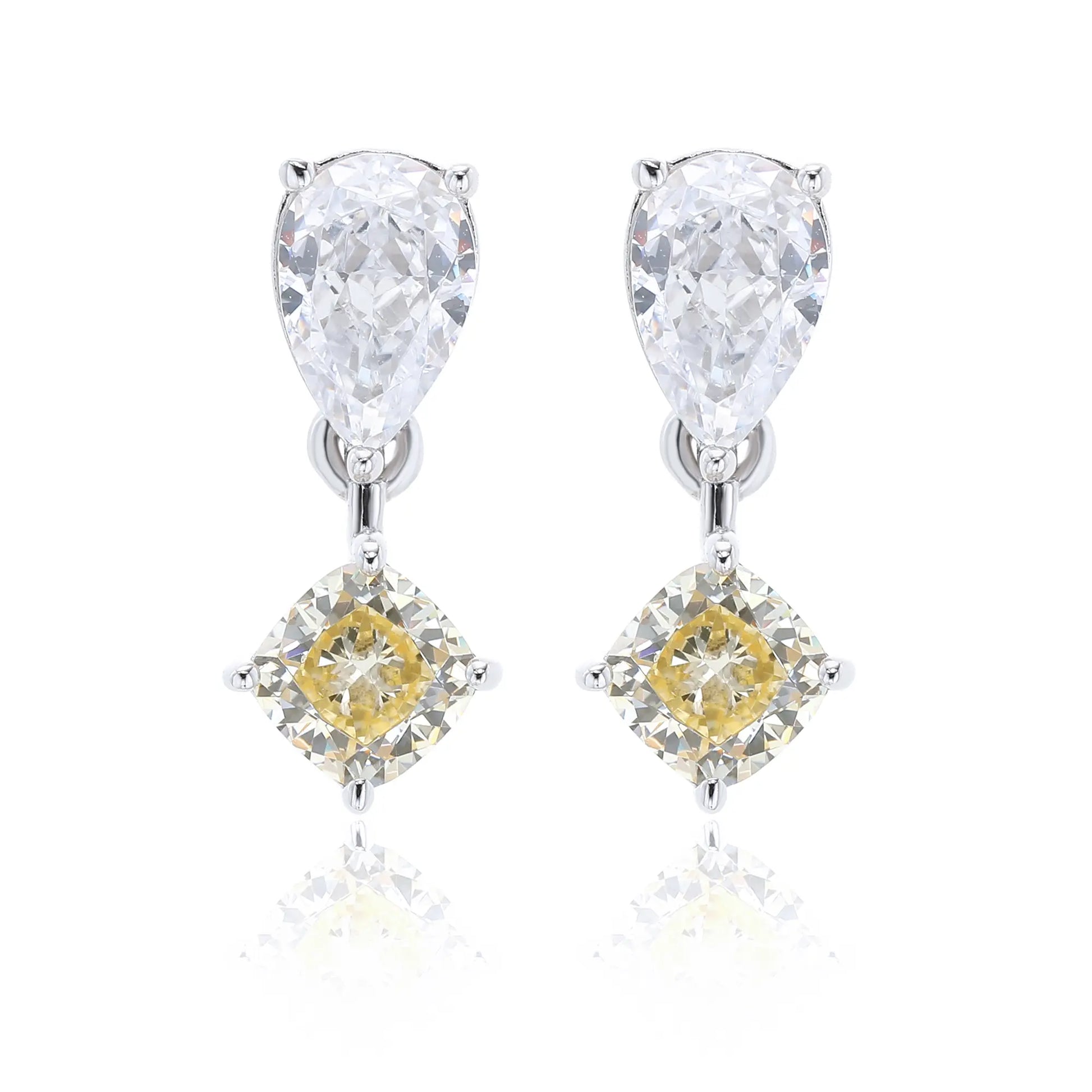 S925 sterling silver drop earrings featuring a sparkling white pear-cut moissanite at the post, dangling a square cushion-cut yellow sapphire suspended by a minimalist geometric silver loop.