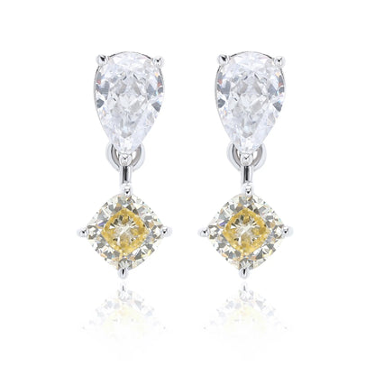 S925 sterling silver drop earrings featuring a sparkling white pear-cut moissanite at the post, dangling a square cushion-cut yellow sapphire suspended by a minimalist geometric silver loop.