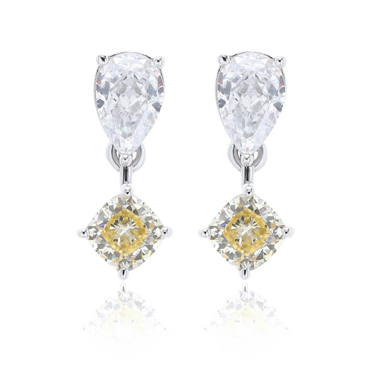 S925 sterling silver drop earrings featuring a sparkling white pear-cut moissanite at the post, dangling a square cushion-cut yellow sapphire suspended by a minimalist geometric silver loop.