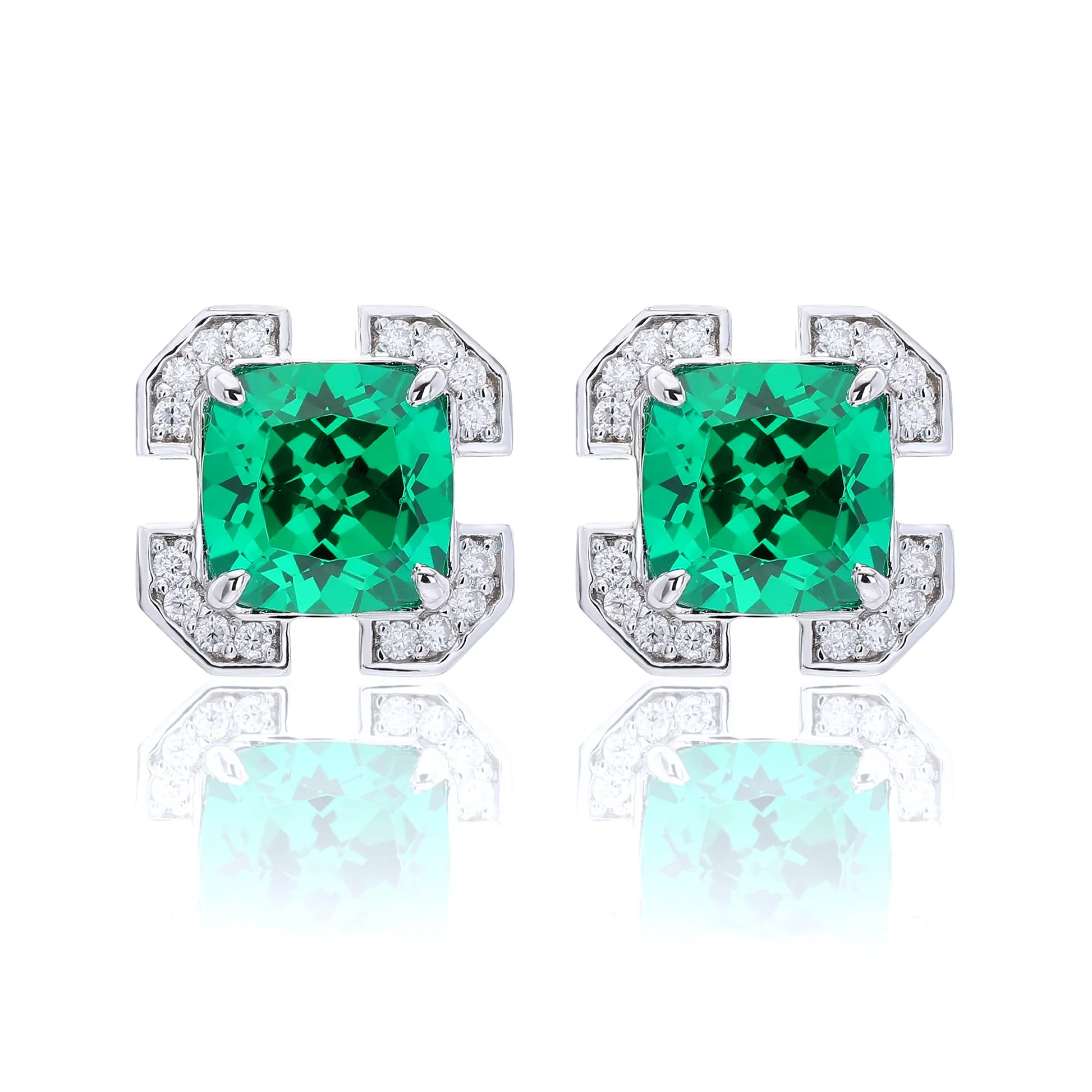 S925 sterling silver geometric stud earrings featuring a square cushion-cut vibrant green lab-grown emerald surrounded by an octagonal frame with pavé CZ accents.