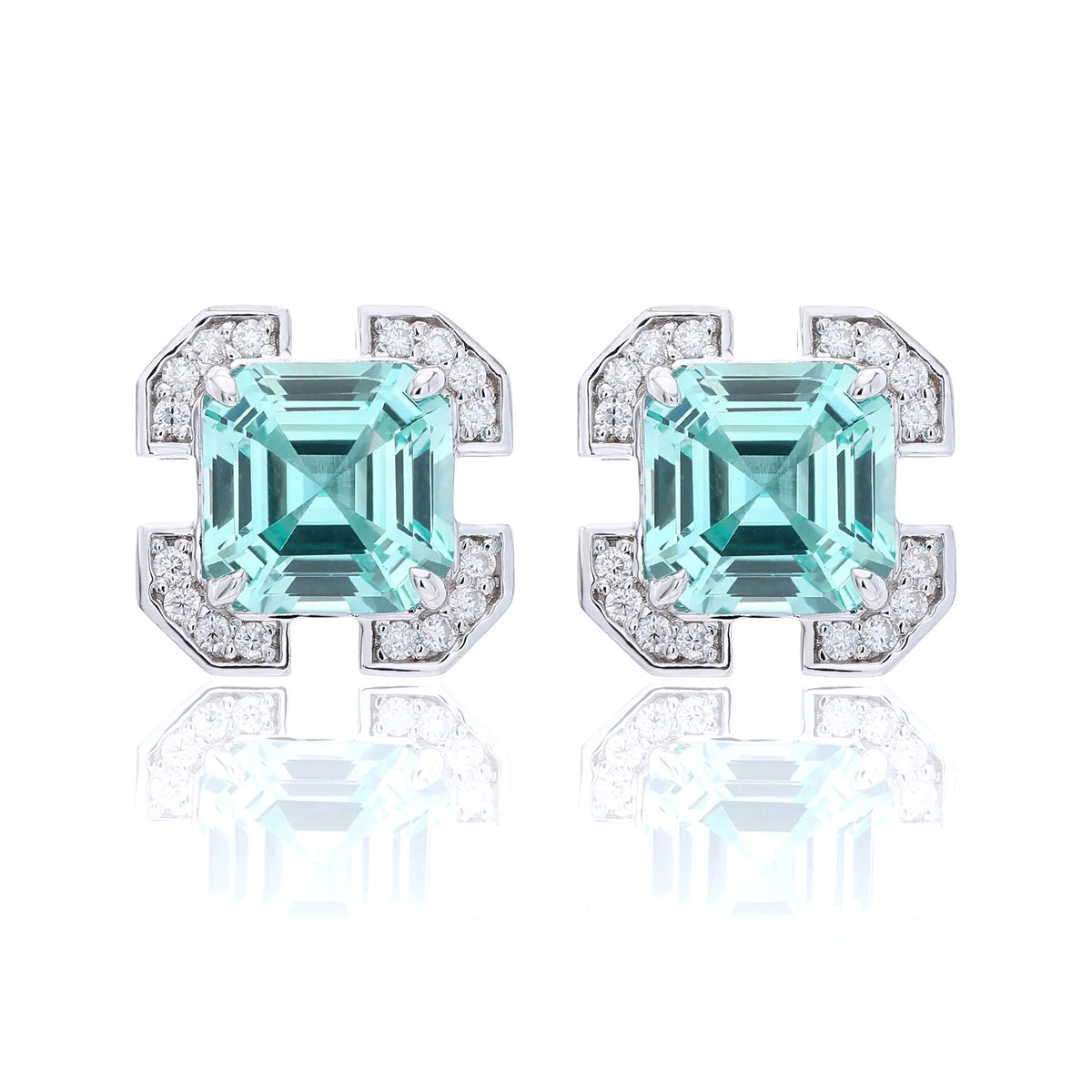 S925 sterling silver geometric stud earrings featuring a square Asscher-cut mint green spinel surrounded by an octagonal frame with pavé moissanite accents.
