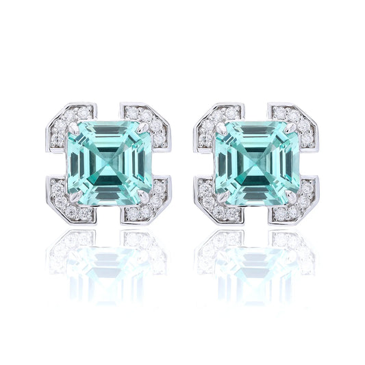 S925 sterling silver geometric stud earrings featuring a square Asscher-cut mint green spinel surrounded by an octagonal frame with pavé moissanite accents.