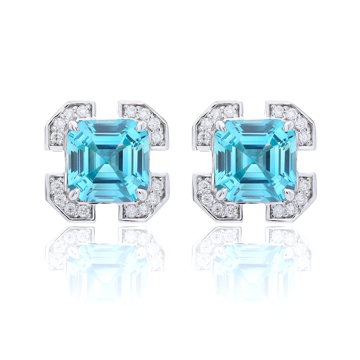 S925 sterling silver geometric stud earrings featuring a square Asscher-cut blue topaz surrounded by an octagonal frame with pavé moissanite accents.