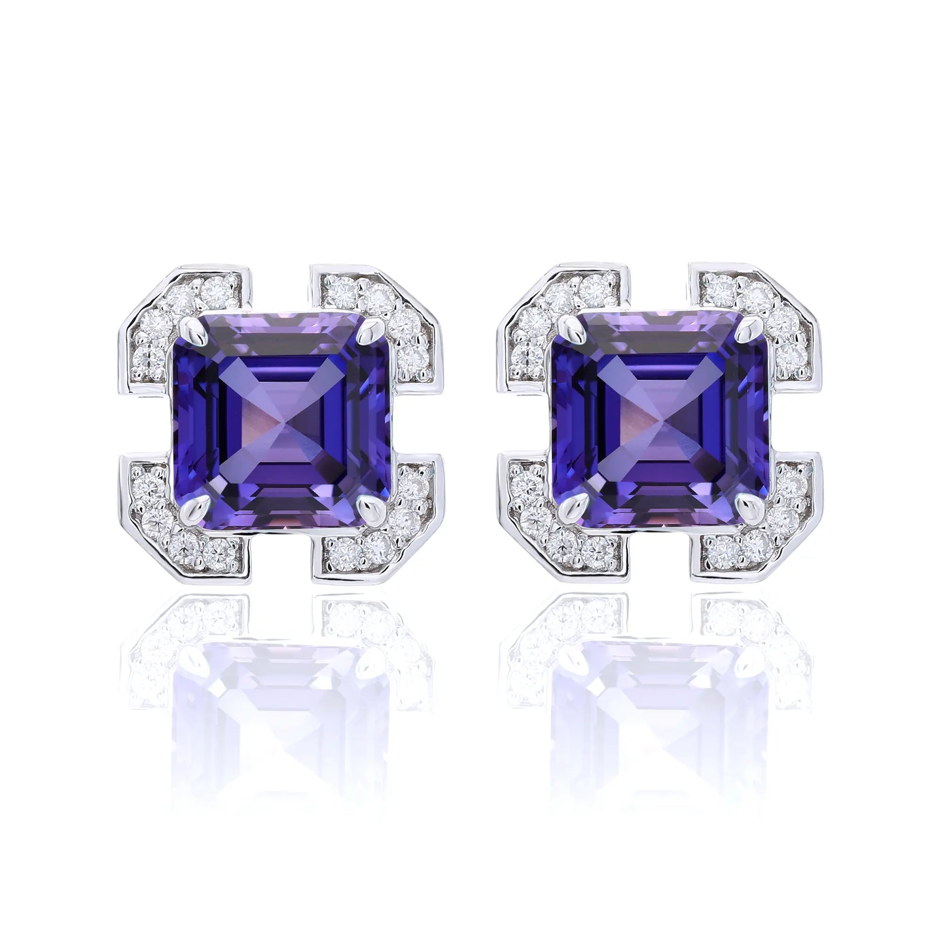 S925 sterling silver geometric stud earrings featuring a square Asscher-cut purple sapphire surrounded by an octagonal frame with pavé moissanite accents.