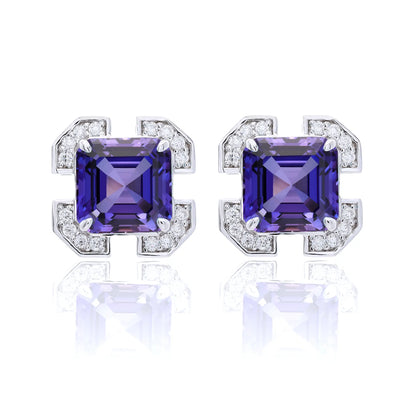 S925 sterling silver geometric stud earrings featuring a square Asscher-cut purple sapphire surrounded by an octagonal frame with pavé moissanite accents.