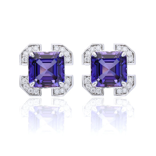 S925 sterling silver geometric stud earrings featuring a square Asscher-cut purple sapphire surrounded by an octagonal frame with pavé moissanite accents.
