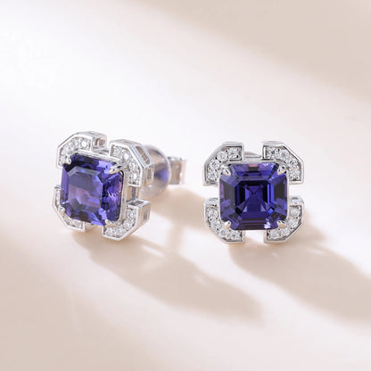 S925 sterling silver geometric stud earrings featuring a square Asscher-cut purple sapphire surrounded by an octagonal frame with pavé moissanite accents.