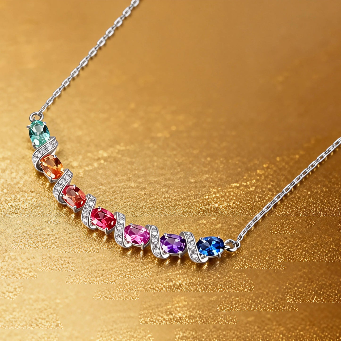A curved rainbow pendant necklace featuring seven oval cut multi-color sapphires separated by diamond-encrusted silver swirl links, set against a crisp white background.