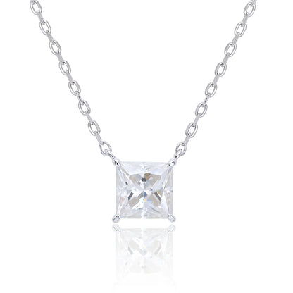 A sparkling princess cut moissanite solitaire pendant necklace in a classic sterling silver four-prong setting, showcasing intense fire and a white reflective surface.