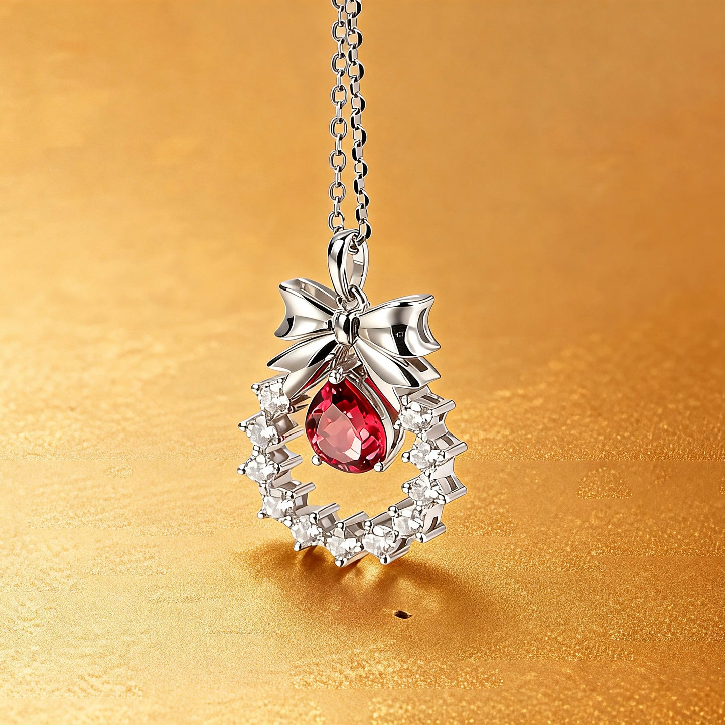A delicate sterling silver pendant necklace featuring an elegant metal bow tied above a sparkling halo wreath, centering a vibrant pear-cut red ruby teardrop that catches the light.