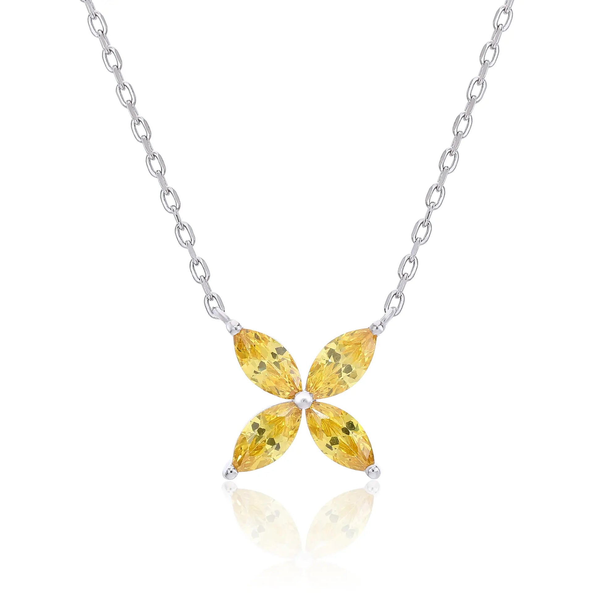 A sterling silver chain necklace featuring a classic minimalist four-leaf clover flower pendant crafted with four brilliant marquise-cut yellow moissanite gemstones.