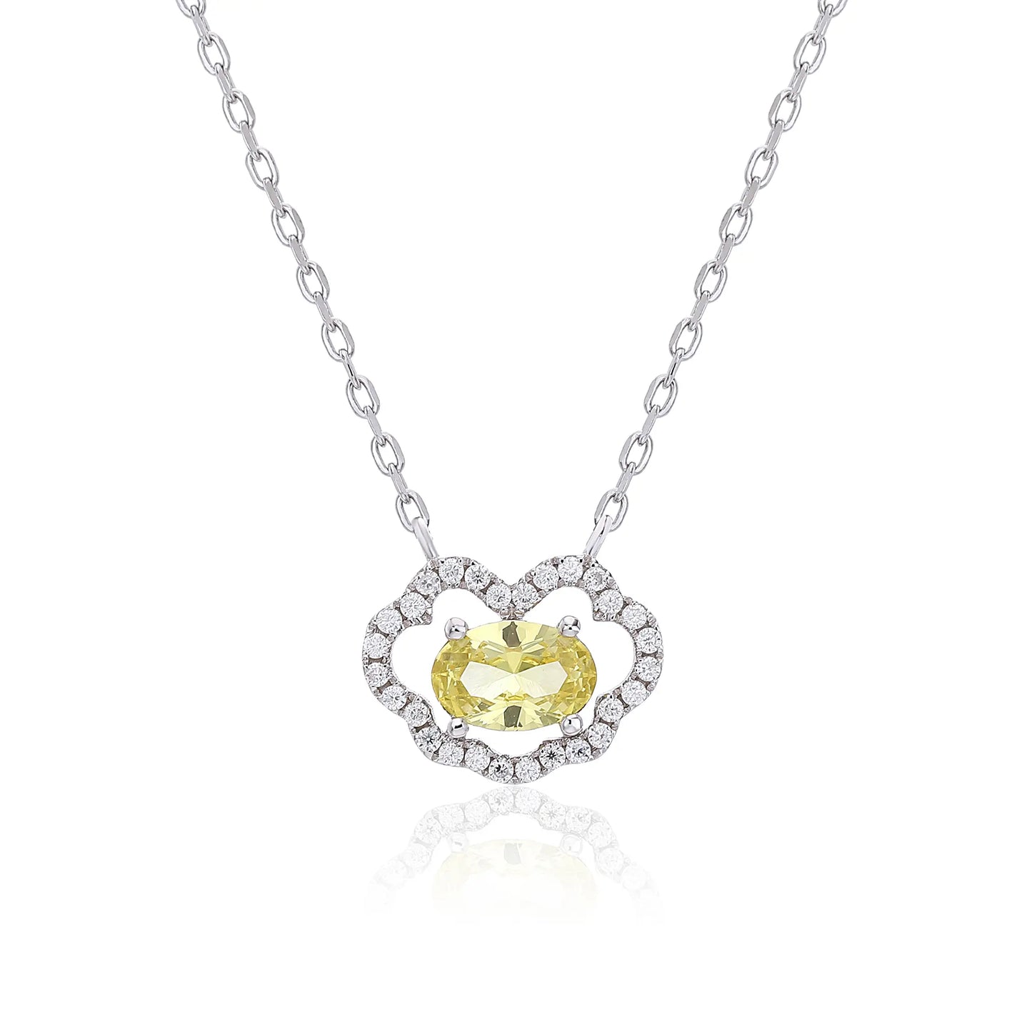 A sterling silver chain necklace featuring a traditional Chinese auspicious Ruyi cloud pendant, encrusted with shimmering pavé accents and centered with an oval-cut yellow moissanite gemstone.