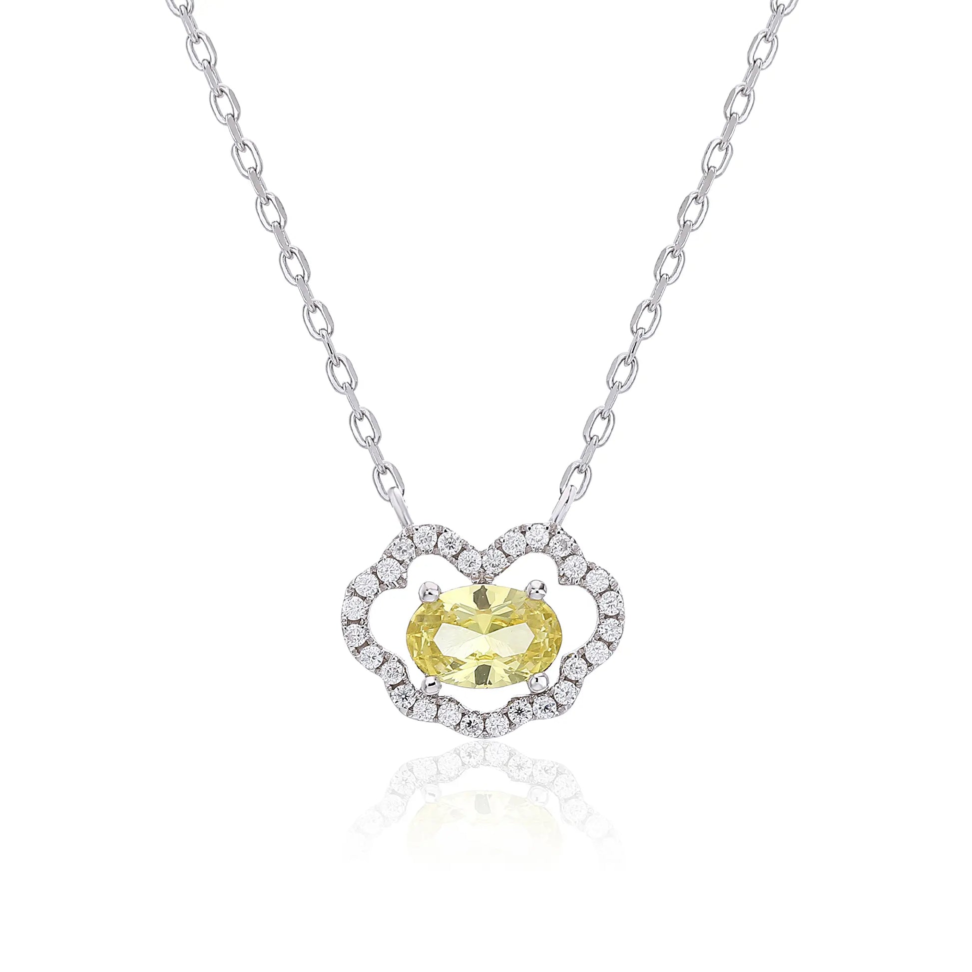 A sterling silver chain necklace featuring a traditional Chinese auspicious Ruyi cloud pendant, encrusted with shimmering pavé accents and centered with an oval-cut yellow moissanite gemstone.
