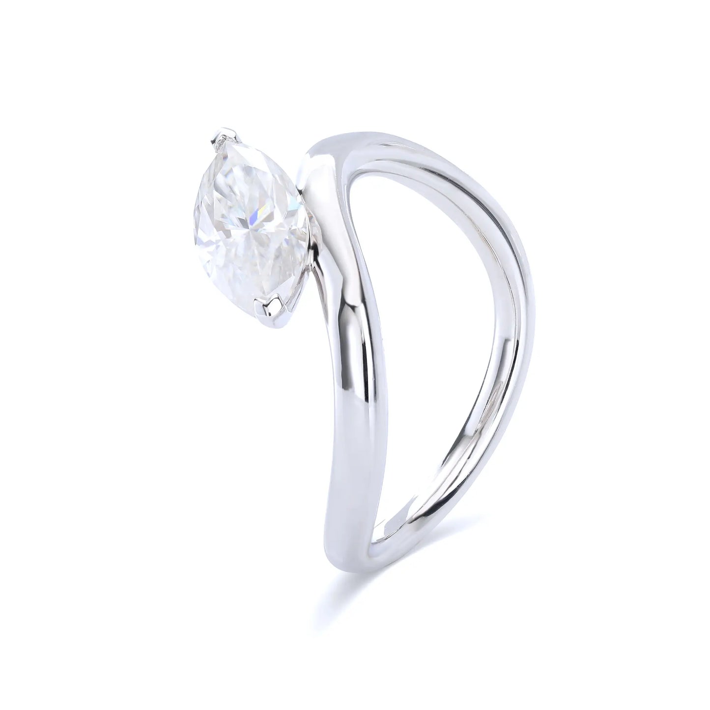 A sterling silver solitaire ring featuring a brilliant marquise-cut white moissanite stone, nestled within a modern fluid bypass twisted wave band.