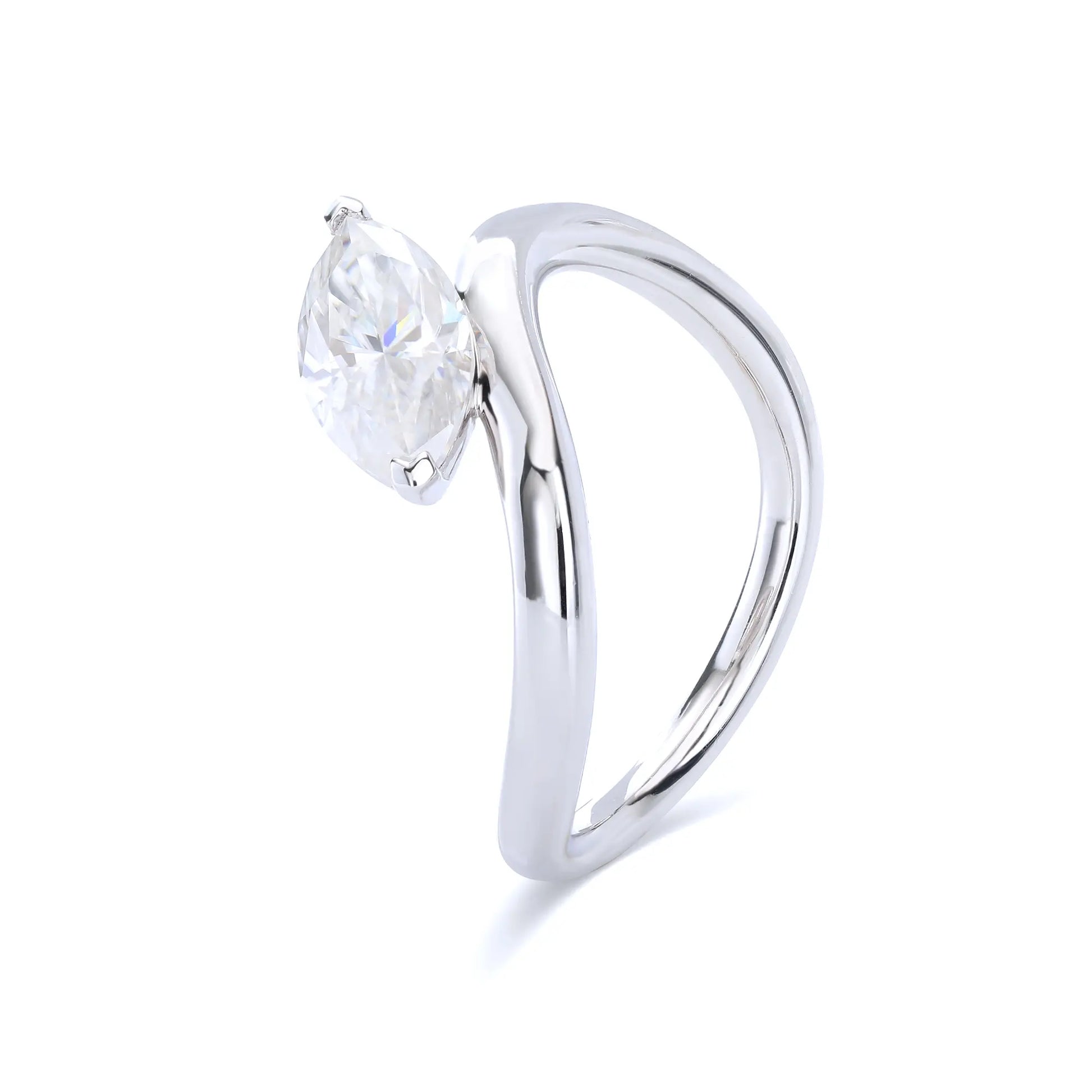 A sterling silver solitaire ring featuring a brilliant marquise-cut white moissanite stone, nestled within a modern fluid bypass twisted wave band.